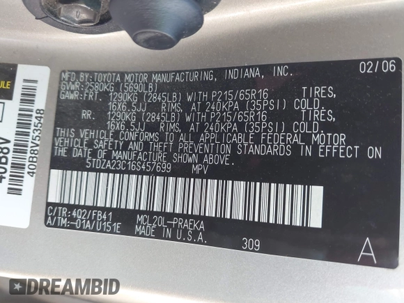 2006 Toyota Sienna CE with VIN 5TDZA23C16S457699, listed as a IAAI auction lot 42196228 with 220,910 mi miles and . Bid and sale history available at carsss.com. Image 9.