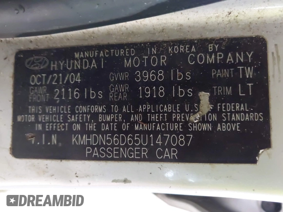 2005 Hyundai Elantra GLS с VIN KMHDN56D65U147087, выставлен на аукционе IAAI как лот 41652391 с пробегом 151 246 миль миль и . История ставок и продаж доступна на DreamBid. Изображение 9.