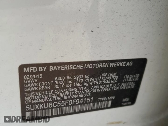 2015 BMW X6 xDrive50i with VIN 5UXKU6C55F0F94151, listed as a Copart auction lot 46826775 with 129,925 mi miles and Salvage Title. Bid and sale history available at carsss.com. Image 13.