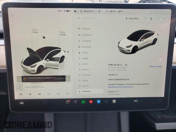2022 Tesla Model 3 Long Range with VIN 5YJ3E1EB2NF201275, listed as a Copart auction lot 88024985 with 43,540 mi miles and Salvage Title. Bid and sale history available at DreamBid. Image 9.