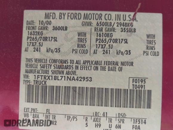 2001 Ford F-150 XL with VIN 1FTRX18L71NA42953, listed as a IAAI auction lot 41769265 with 1 mi miles. Bid and sale history available at carsss.com. Image 9.