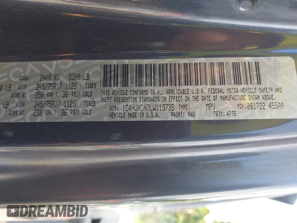 2020 Jeep Wrangler Unlimited Sport S with VIN 1C4HJXDN7LW113735, listed as a IAAI auction lot 42639884 with 48,736 mi miles and . Bid and sale history available at DreamBid. Image 9.
