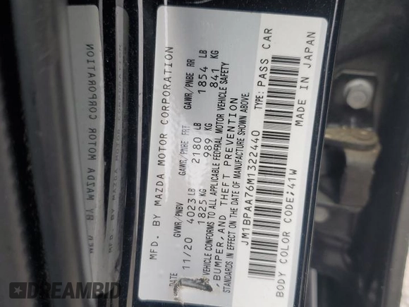 2021 Mazda 3 2.0 with VIN JM1BPAA76M1322440, listed as a Copart auction lot 51431125 with 42,603 mi miles and Salvage Title. Bid and sale history available at DreamBid. Image 14.