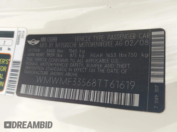 2008 MINI Hardtop with VIN WMWMF33568TT61619, listed as a IAAI auction lot 41997172 with Not Provided miles and . Bid and sale history available at DreamBid. Image 9.