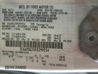 2015 Ford Fusion S with VIN 3FA6P0G70FR299254, listed as a Copart auction lot 51731845 with 170,384 mi miles and Clean Title. Bid and sale history available at carsss.com. Image 12.
