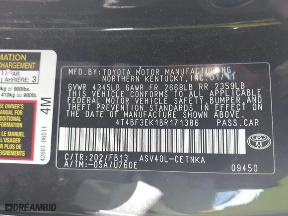 2011 Toyota Camry LE with VIN 4T4BF3EK1BR171386, listed as a IAAI auction lot 40456420 with 312,495 mi miles. Bid and sale history available at carsss.com. Image 9.