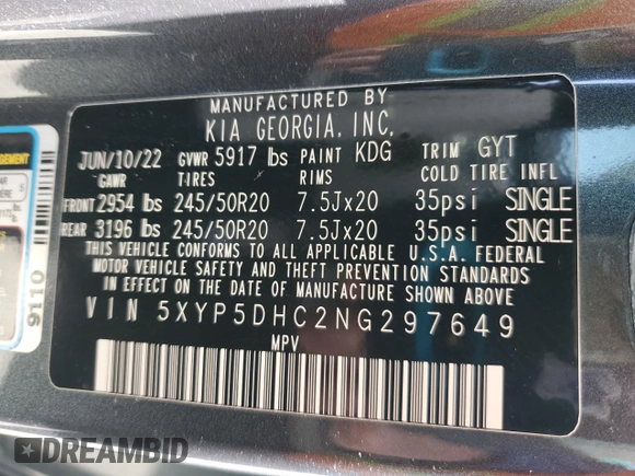 2022 Kia Telluride SX with VIN 5XYP5DHC2NG297649, listed as a Copart auction lot 54086565 with 26,111 mi miles and Salvage title. Bid and sale history available at DreamBid. Image 14.