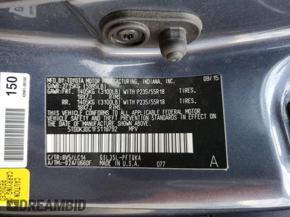 2015 Toyota Sienna Ltd with VIN 5TDDK3DC1FS118792, listed as a Copart auction lot 53094225 with 119,132 mi miles and Salvage Title. Bid and sale history available at carsss.com. Image 15.