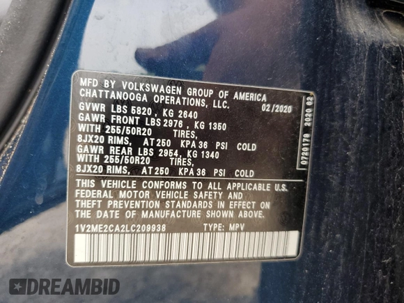 2020 Volkswagen Atlas SEL with VIN 1V2ME2CA2LC209938, listed as a Copart auction lot 59866725 with 73,484 mi miles and Salvage title. Bid and sale history available at DreamBid. Image 13.