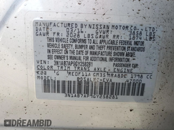 2016 Nissan Sentra SV with VIN 3N1AB7AP9GY258281, listed as a Copart auction lot 52052395 with 80,888 mi miles and Salvage Title. Bid and sale history available at DreamBid. Image 15.