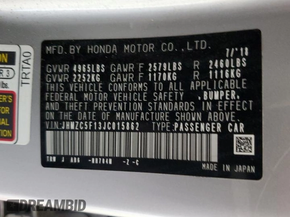 2018 Honda Clarity Plug-In Hybrid with VIN JHMZC5F13JC015862, listed as a Copart auction lot 71378534 with 52,248 mi miles and Non Repairable. Bid and sale history available at carsss.com. Image 13.