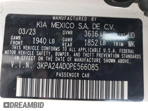 2023 Kia Rio LX with VIN 3KPA24AD0PE566085, listed as a Copart auction lot 50354455 with 65,203 mi miles and Salvage Title. Bid and sale history available at DreamBid. Image 15.