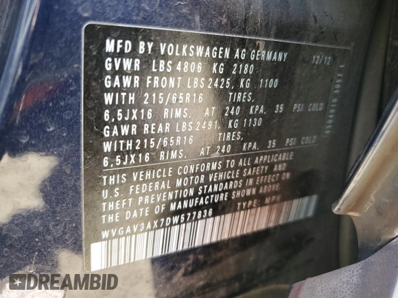 2013 Volkswagen Tiguan S z VIN WVGAV3AX7DW577836, wystawiony jako Copart lot #46491625 z przebiegiem 108 349 mil mil oraz Szkoda całkowita • Salvage title. Historia ofert i sprzedaży dostępna na DreamBid. Obrazek 12.