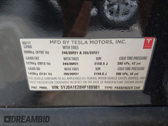 2017 Tesla Model S 100D with VIN 5YJSA1E28HF188981, listed as a IAAI auction lot 42010115 with 76,327 mi miles and . Bid and sale history available at DreamBid. Image 9.