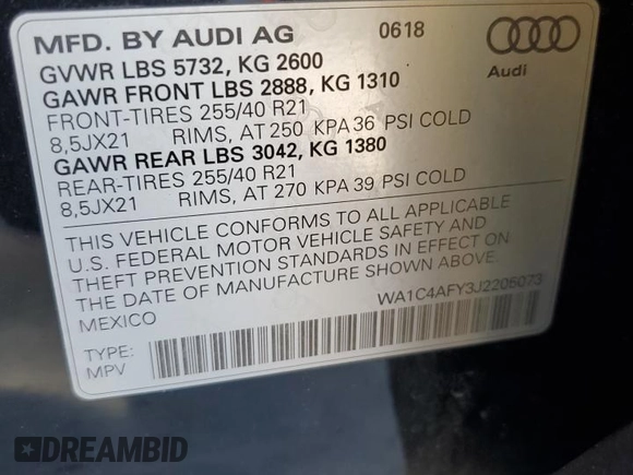 2018 Audi SQ5 Prestige with VIN WA1C4AFY3J2205073, listed as a Copart auction lot 61616254 with 53,052 mi miles and Salvage Title. Bid and sale history available at DreamBid. Image 12.