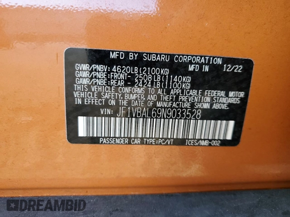 2022 Subaru WRX Limited with VIN JF1VBAL69N9033528, listed as a Copart auction lot 75193383 with 12,773 mi miles. Bid and sale history available at carsss.com. Image 12.