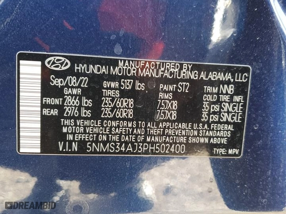 2023 Hyundai Santa Fe SEL with VIN 5NMS34AJ3PH502400, listed as a Copart auction lot 45056405 with 42,996 mi miles and Salvage Title. Bid and sale history available at carsss.com. Image 15.