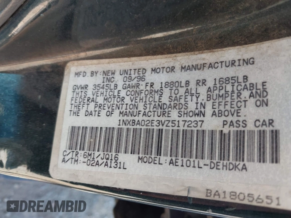 1997 Toyota Corolla with VIN 1NXBA02E3VZ517237, listed as a IAAI auction lot 42772332 with 185,045 mi miles and . Bid and sale history available at DreamBid. Image 9.