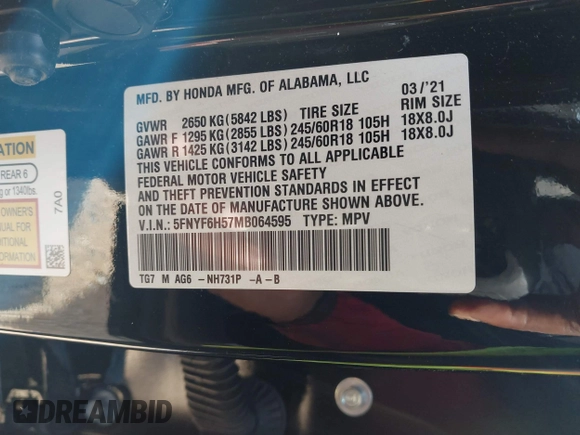 2021 Honda Pilot EX-L with VIN 5FNYF6H57MB064595, listed as a IAAI auction lot 41942327 with 46,150 mi miles and . Bid and sale history available at DreamBid. Image 9.