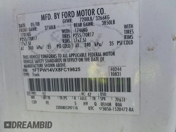 2008 Ford F-150 XLT with VIN 1FTPW14VX8FC19825, listed as a IAAI auction lot 41669837 with 162,732 mi miles and . Bid and sale history available at DreamBid. Image 9.