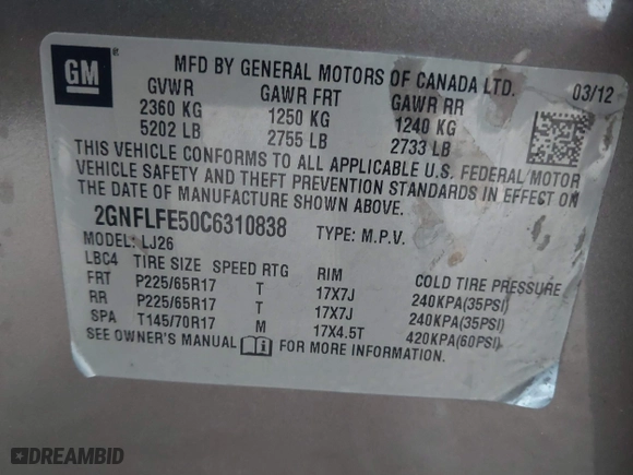2012 Chevrolet Equinox LTZ with VIN 2GNFLFE50C6310838, listed as a IAAI auction lot 41592477 with 228,800 mi miles. Bid and sale history available at carsss.com. Image 9.