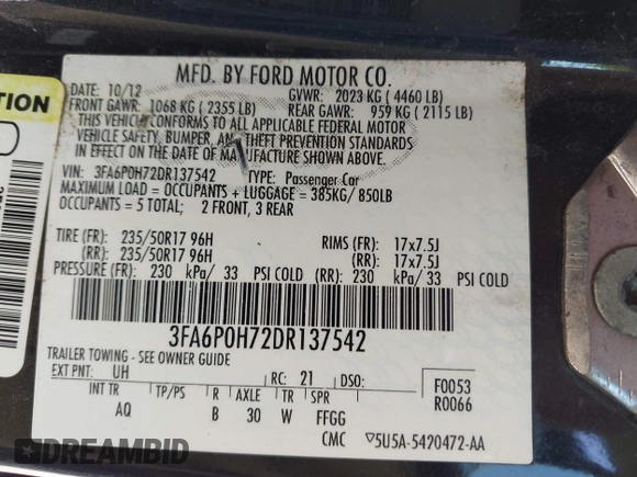 2013 Ford Fusion SE with VIN 3FA6P0H72DR137542, listed as a IAAI auction lot 41977665 with 137,635 mi miles and . Bid and sale history available at carsss.com. Image 9.