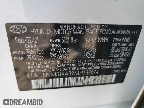 2021 Hyundai Santa Fe SE z VIN 5NMS14AJ9MH337874, wystawiony jako Copart lot #42412245 z przebiegiem 56 890 mil mil oraz Nie do naprawy • Non repairable. Historia ofert i sprzedaży dostępna na DreamBid. Obrazek 14.