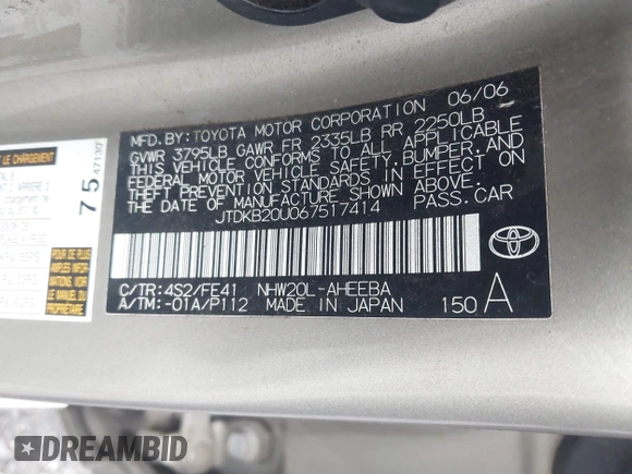 2006 Toyota Prius z VIN JTDKB20U067517414, wystawiony jako IAAI lot #42251158 z przebiegiem 233 266 mil mil oraz . Historia ofert i sprzedaży dostępna na DreamBid. Obrazek 9.