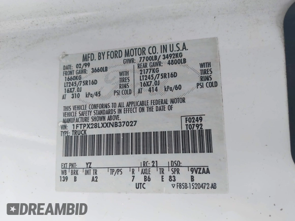 1999 Ford F-250 with VIN 1FTPX28LXXNB37027, listed as a IAAI auction lot 41410236 with 207,930 mi miles and . Bid and sale history available at DreamBid. Image 9.