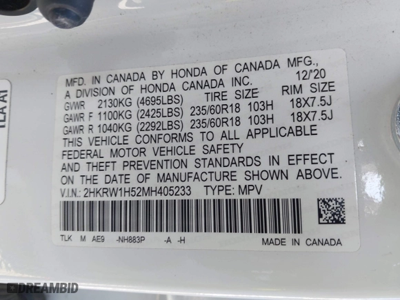 2021 Honda CR-V EX with VIN 2HKRW1H52MH405233, listed as a IAAI auction lot 41967482 with 62,711 mi miles. Bid and sale history available at carsss.com. Image 9.