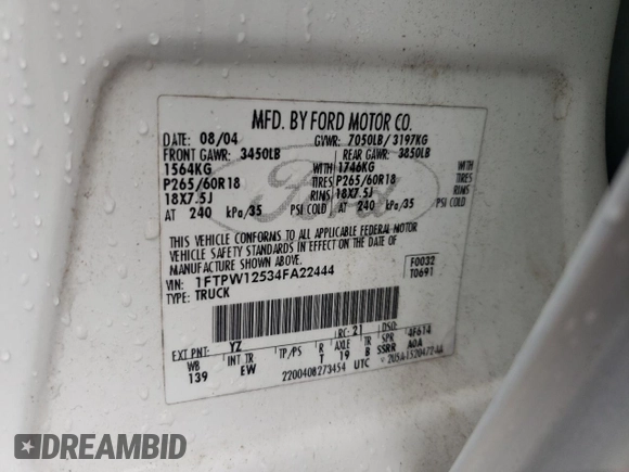 2004 Ford F-150 XLT z VIN 1FTPW12534FA22444, wystawiony jako Copart lot #58383175 z przebiegiem 150 450 mil mil oraz Szkoda całkowita • Salvage title. Historia ofert i sprzedaży dostępna na DreamBid. Obrazek 12.