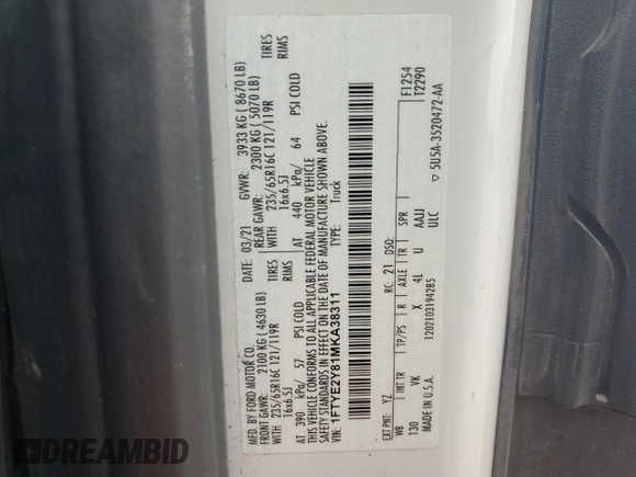 2021 Ford Transit с VIN 1FTYE2Y81MKA38311, выставлен на аукционе Copart как лот 66159234 с пробегом Не указан миль и Списание • Salvage title. История ставок и продаж доступна на DreamBid. Изображение 13.