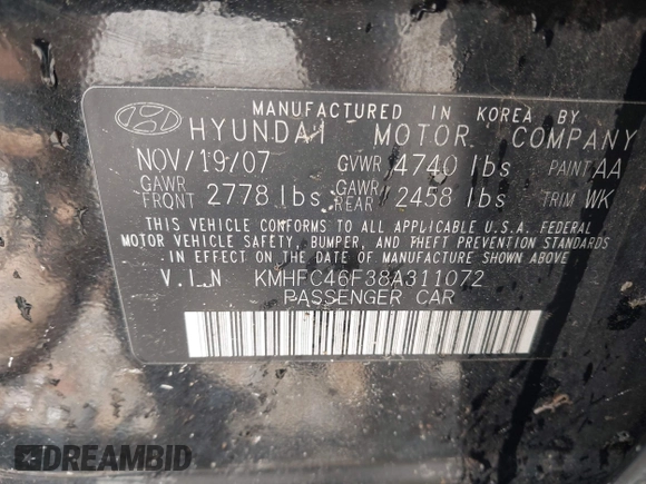 2008 Hyundai Azera Limited с VIN KMHFC46F38A311072, выставлен на аукционе IAAI как лот 42432173 с пробегом 221 512 миль миль и . История ставок и продаж доступна на DreamBid. Изображение 9.