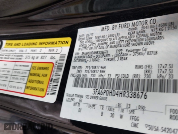 2017 Ford Fusion SE z VIN 3FA6P0HD4HR338676, wystawiony jako IAAI lot #42197370 z przebiegiem 50 862 mil mil oraz . Historia ofert i sprzedaży dostępna na DreamBid. Obrazek 9.
