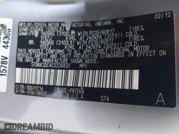 2012 Toyota Sienna LE AAS с VIN 5TDKK3DC4CS226830, выставлен на аукционе IAAI как лот 42550013 с пробегом 211 777 миль миль и . История ставок и продаж доступна на DreamBid. Изображение 9.