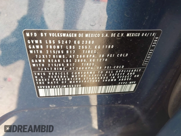 2018 Volkswagen Tiguan SEL z VIN 3VV3B7AX2JM155306, wystawiony jako IAAI lot #42457735 z przebiegiem 48 061 mil mil oraz . Historia ofert i sprzedaży dostępna na DreamBid. Obrazek 9.