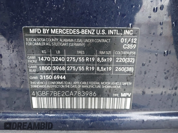 2012 Mercedes-Benz GL 450 z VIN 4JGBF7BE2CA783986, wystawiony jako IAAI lot #41560559 z przebiegiem 157 520 mil mil oraz . Historia ofert i sprzedaży dostępna na DreamBid. Obrazek 9.