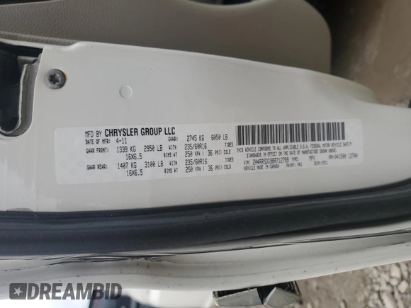 2011 Chrysler Town & Country Touring with VIN 2A4RR5DG9BR712799, listed as a Copart auction lot 54534265 with 195,361 mi miles and Non Repairable. Bid and sale history available at DreamBid. Image 13.