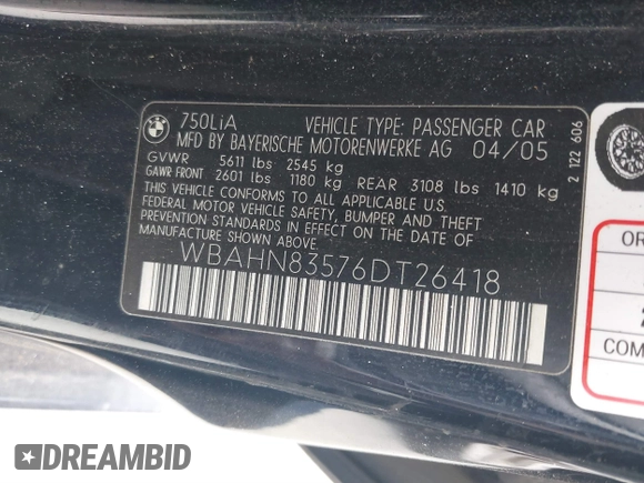 2006 BMW 7 Series 750Li with VIN WBAHN83576DT26418, listed as a IAAI auction lot 41555297 with 124,801 mi miles. Bid and sale history available at carsss.com. Image 9.