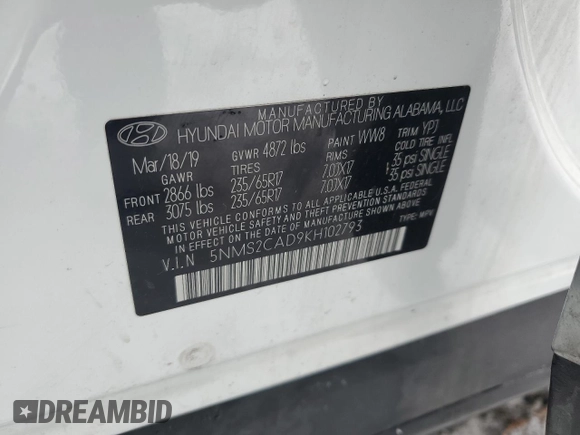 2019 Hyundai Santa Fe SE with VIN 5NMS2CAD9KH102793, listed as a Copart auction lot 43292245 with 160,903 mi miles and Salvage Title. Bid and sale history available at DreamBid. Image 14.