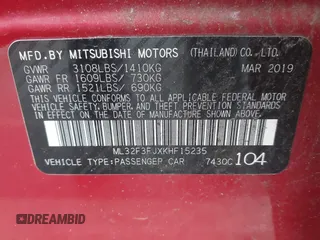 2019 Mitsubishi Mirage ES z VIN ML32F3FJXKHF15235, wystawiony jako IAAI lot #41590832 z przebiegiem 46 193 mil mil oraz . Historia ofert i sprzedaży dostępna na DreamBid. Obrazek 9.