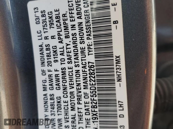 2013 Honda Civic LX with VIN 19XFB2F55DE228267, listed as a Copart auction lot 49819905 with 161,563 mi miles and Salvage Title. Bid and sale history available at DreamBid. Image 13.