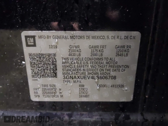 2020 Chevrolet Equinox LT with VIN 3GNAXUEV4LS606708, listed as a IAAI auction lot 41192737 with 59,539 mi miles. Bid and sale history available at carsss.com. Image 9.