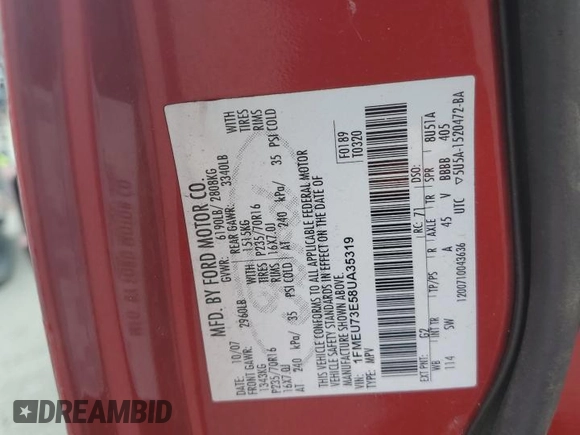 2008 Ford Explorer XLT с VIN 1FMEU73E58UA35319, выставлен на аукционе Copart как лот 57329695 с пробегом 185 565 миль миль и Списание • Salvage title. История ставок и продаж доступна на DreamBid. Изображение 12.