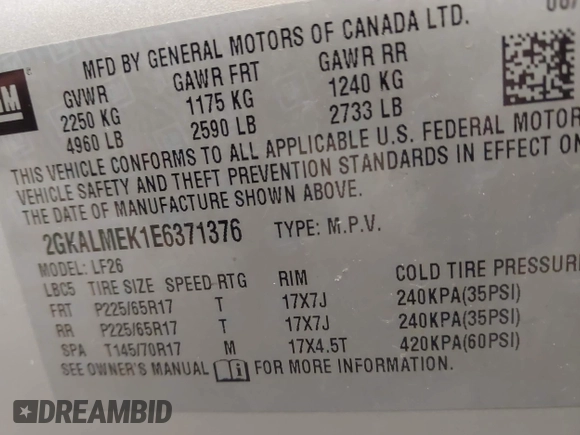 2014 GMC Terrain SLE with VIN 2GKALMEK1E6371376, listed as a IAAI auction lot 42387483 with 92,211 mi miles and . Bid and sale history available at DreamBid. Image 9.