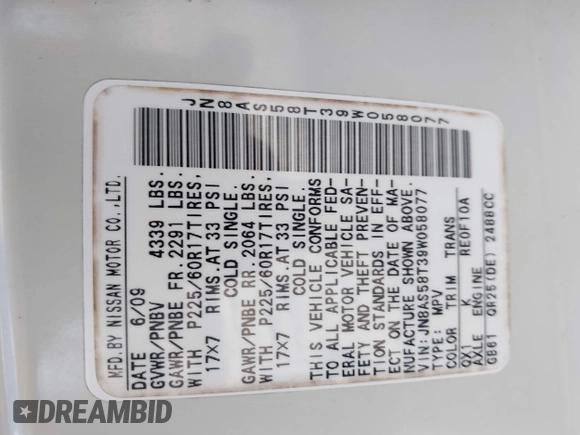 2009 Nissan Rogue SL with VIN JN8AS58T39W058077, listed as a IAAI auction lot 41311692 with 131,765 mi miles and . Bid and sale history available at DreamBid. Image 9.