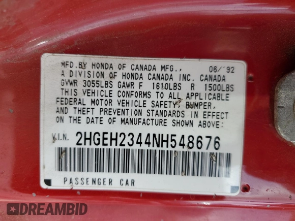 1992 Honda Civic z VIN 2HGEH2344NH548676, wystawiony jako Copart lot #50694575 z przebiegiem 239 184 mil mil oraz Szkoda całkowita • Salvage title. Historia ofert i sprzedaży dostępna na DreamBid. Obrazek 12.