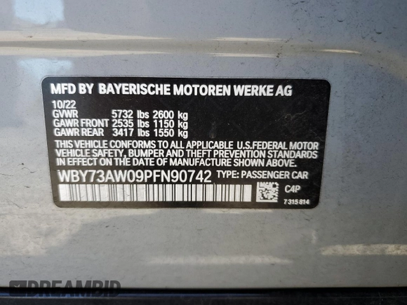 2023 BMW i4 eDrive40 with VIN WBY73AW09PFN90742, listed as a Copart auction lot 53610804 with 17,647 mi miles. Bid and sale history available at carsss.com. Image 12.