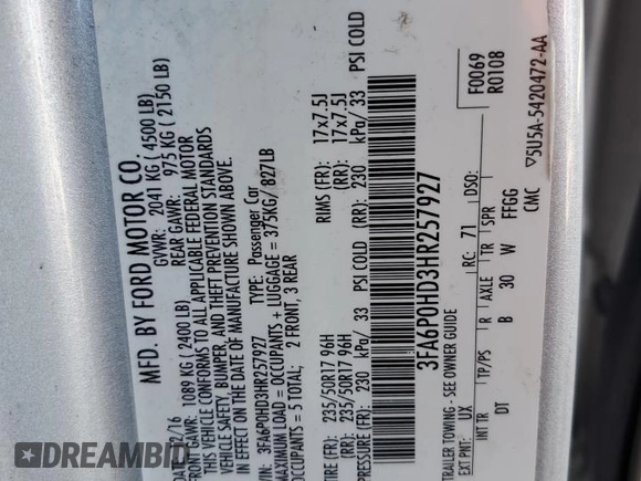2017 Ford Fusion SE with VIN 3FA6P0HD3HR257927, listed as a Copart auction lot 52591085 with 107,443 mi miles and Clean Title. Bid and sale history available at DreamBid. Image 12.