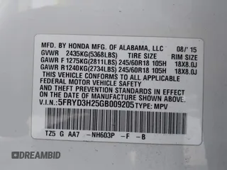 2016 Acura MDX with VIN 5FRYD3H25GB009205, listed as a IAAI auction lot 42099950 with 143,254 mi miles and . Bid and sale history available at DreamBid. Image 9.